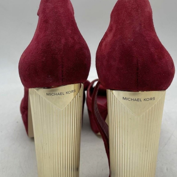 Michael Kors Paloma Red Suede Ankle Strap Platform Gold Heels Size 8.5 - Picture 9 of 11